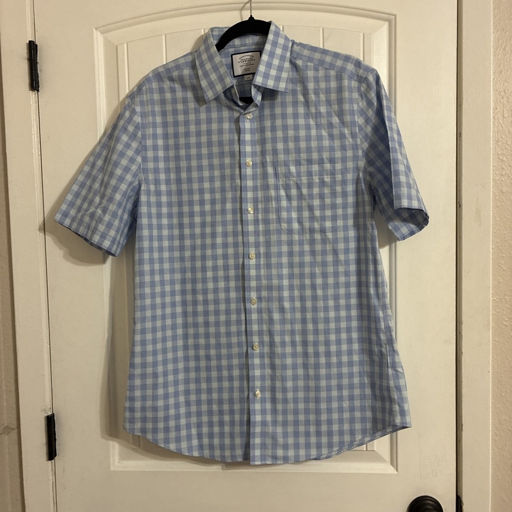 Charles Tyrwhitt Men's Short Sleeve Slim Fit Shirt Size 16/41  White Blue Plaid